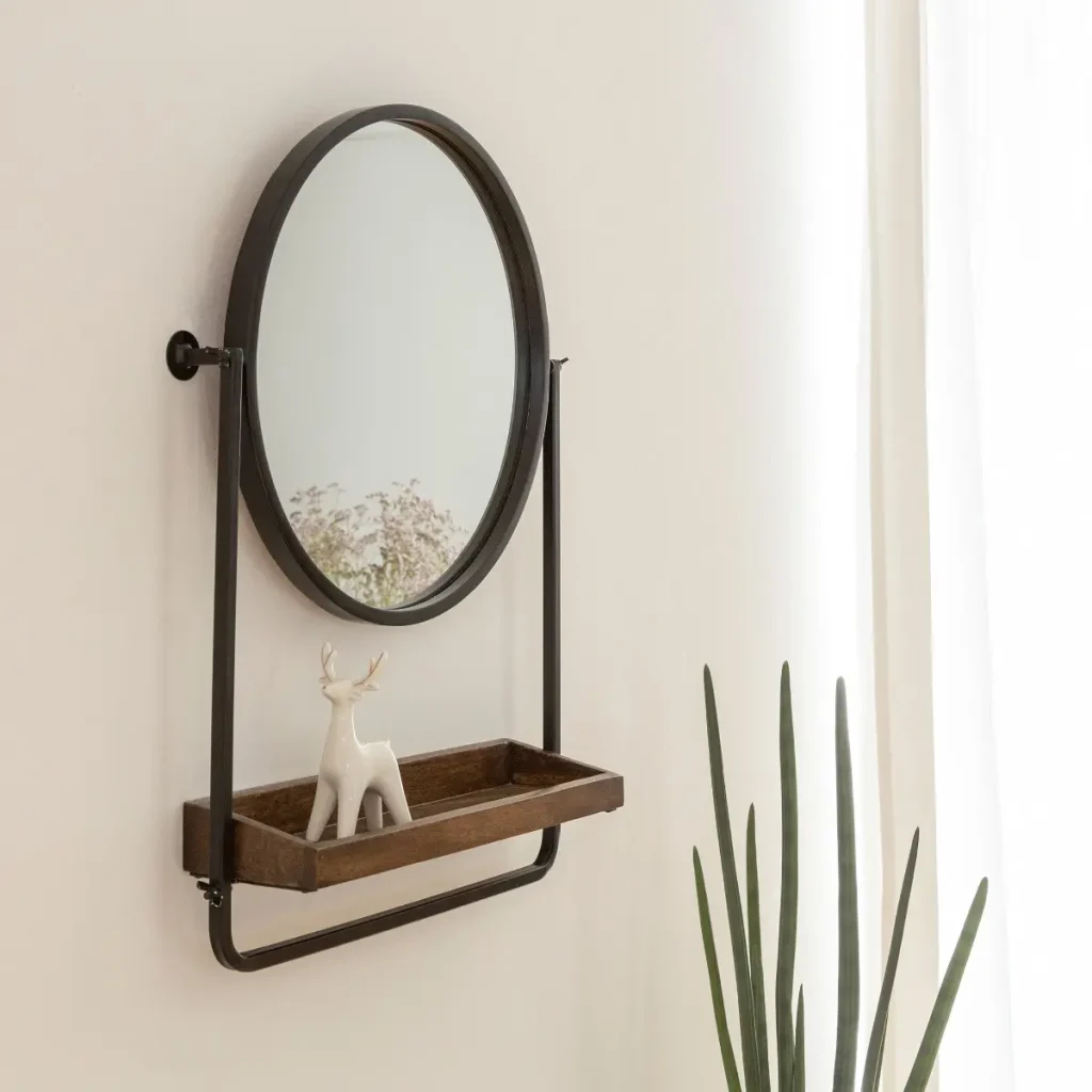 Miroir rond avec étagère en bois et métal Gary